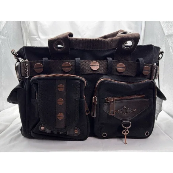 Banned Alternative DOOM LAGOON HANDBAG Steampunk Key Canvas Black Copper NWT - Picture 4 of 16